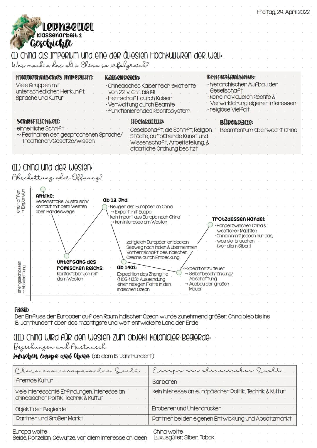 Lernzettel
Klassenarbeit 2
(I.) China als Imperium und eine der ältesten Hochkulturen der Welt:
Was machte das alte China so
erfolgreich?
Ge