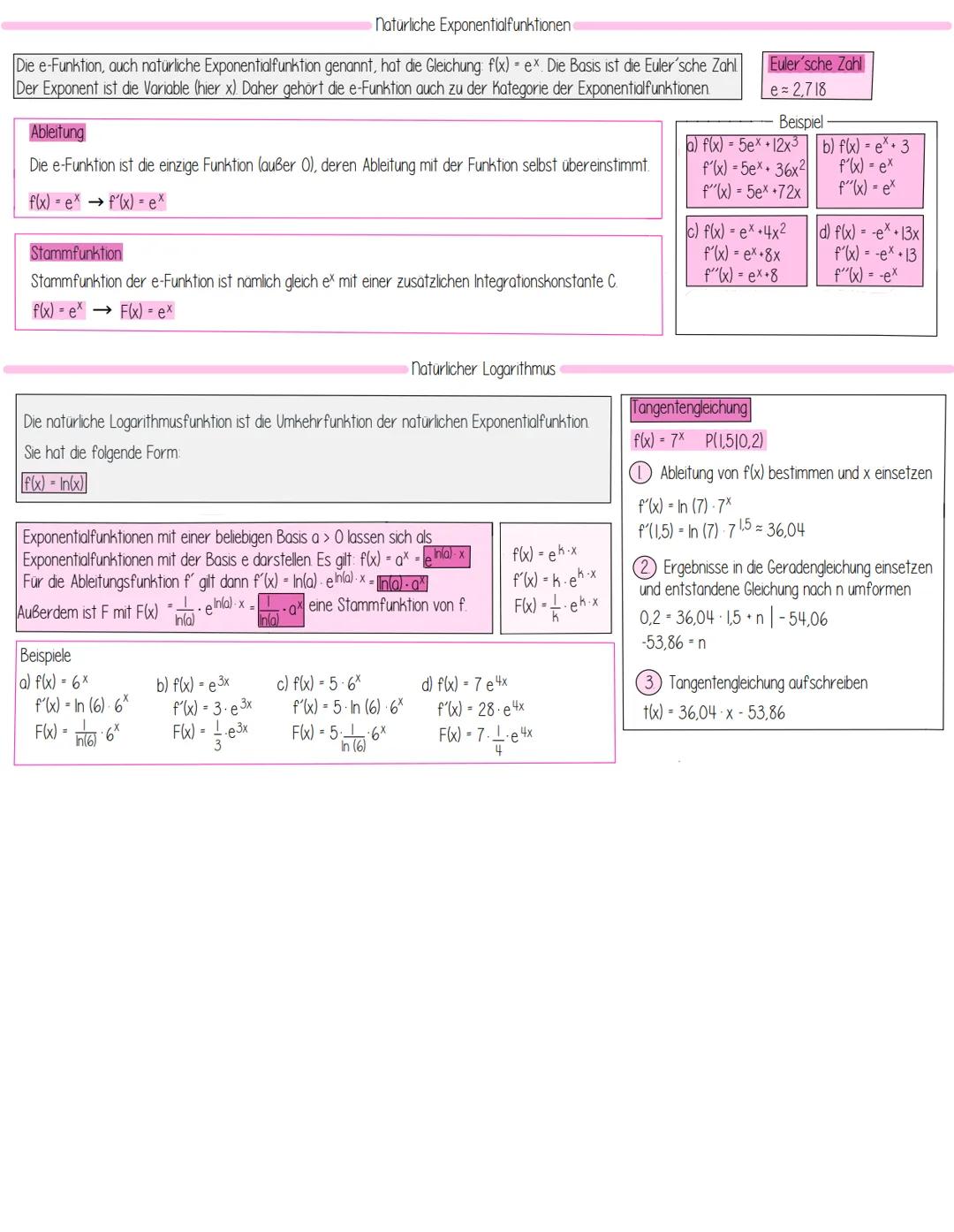 natürliche Exponentialfunktionen
Die e-Funktion, auch natürliche Exponentialfunktion genannt, hat die Gleichung: f(x) = ex. Die Basis ist di