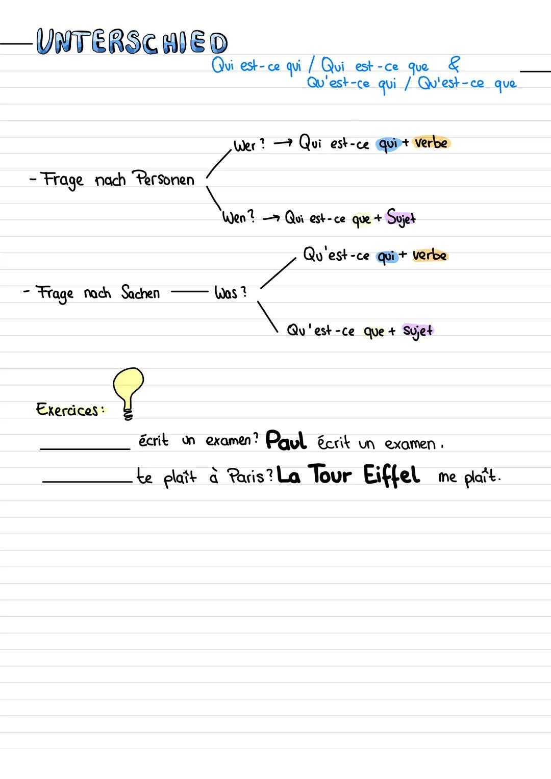 - UNTERSCHIED

Qui est-ce qui/Qui est-ce que
&
Qu'est-ce qui/Qu'est-ce que

Wer? Qui est-ce qui + verbe

- Frage nach Personen

Wen? Qui est