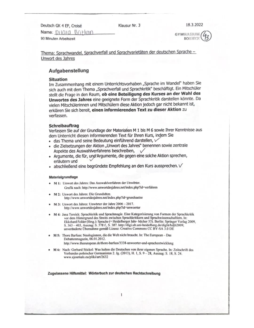 Material gestütztes schreiben Dilala Bozkan.
18.03.2022
Deutsch klausur EF
Frau Croisé
Z
Das Unwort des Jahies-
viele wissen gar nicht.
dass