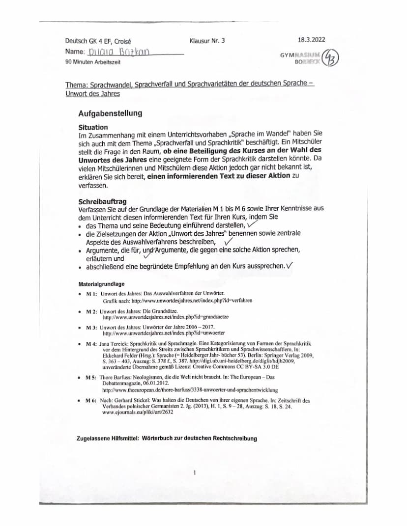 Material gestütztes schreiben Dilala Bozkan.
18.03.2022
Deutsch klausur EF
Frau Croisé
Z
Das Unwort des Jahies-
viele wissen gar nicht.
dass