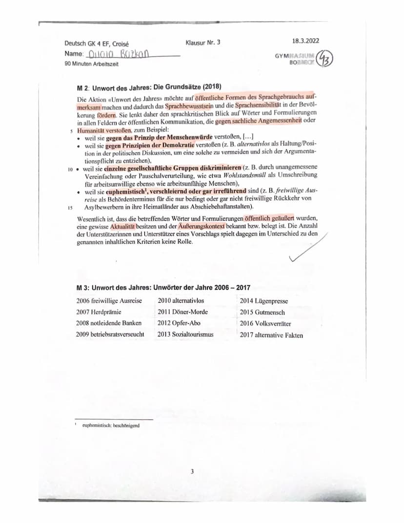 Material gestütztes schreiben Dilala Bozkan.
18.03.2022
Deutsch klausur EF
Frau Croisé
Z
Das Unwort des Jahies-
viele wissen gar nicht.
dass