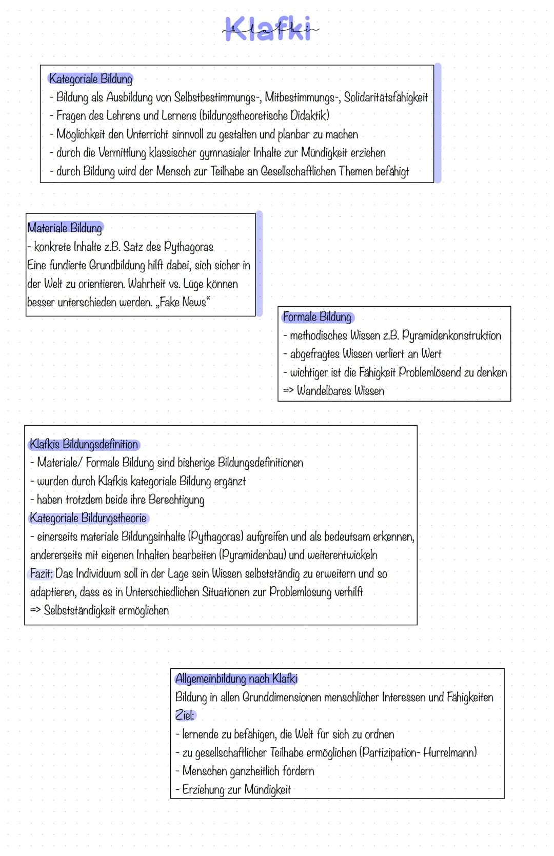 Klafki
Kategoriale Bildung
- Bildung als Ausbildung von Selbstbestimmungs-, Mitbestimmungs-, Solidaritätsfähigkeit
- Fragen des Lehrens und 