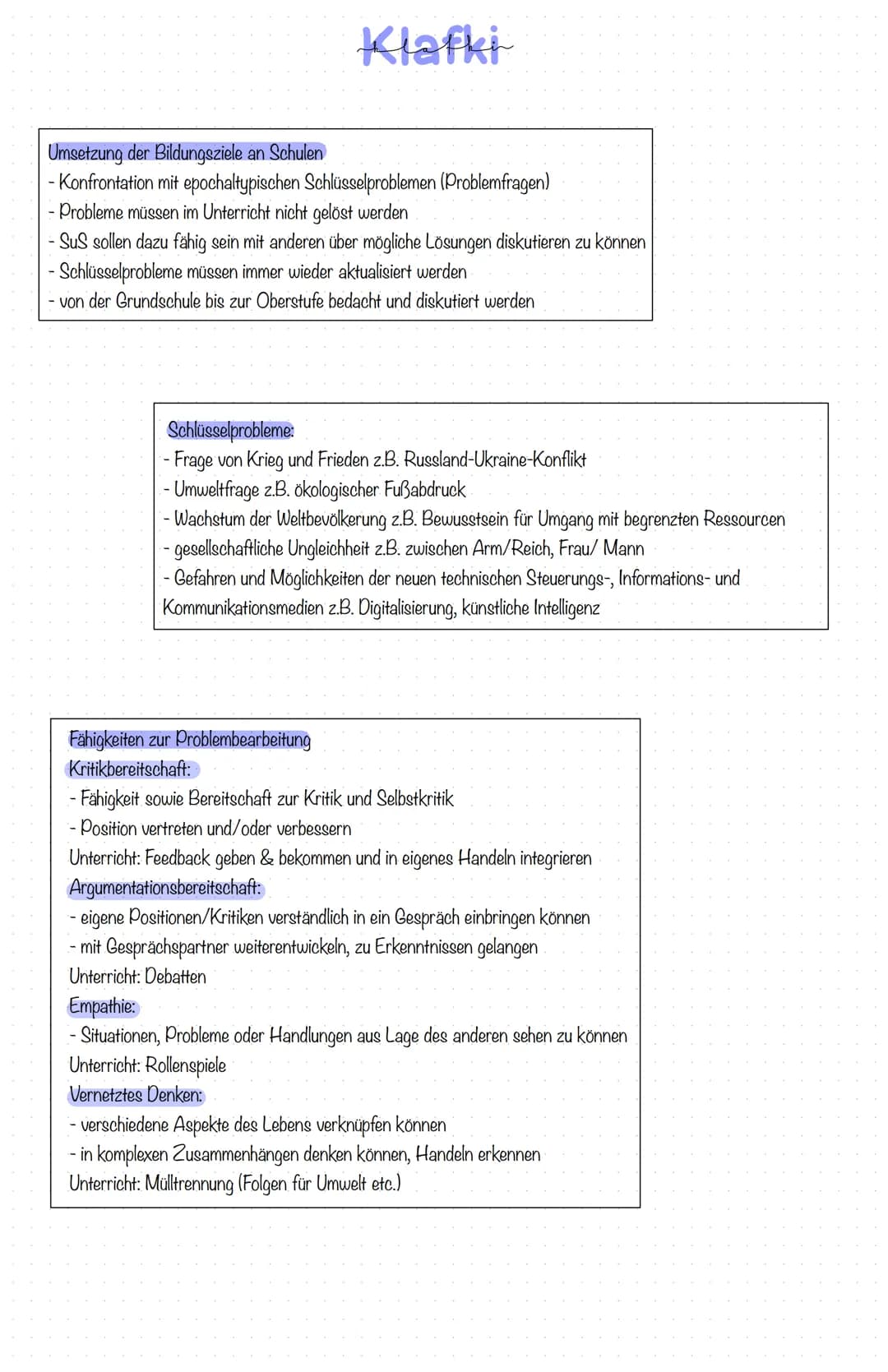 Klafki
Kategoriale Bildung
- Bildung als Ausbildung von Selbstbestimmungs-, Mitbestimmungs-, Solidaritätsfähigkeit
- Fragen des Lehrens und 