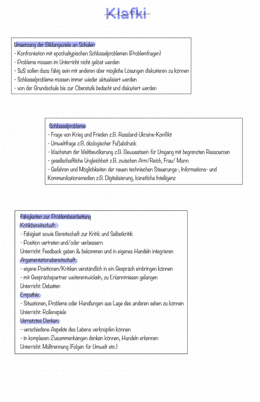 Klafki
Kategoriale Bildung
- Bildung als Ausbildung von Selbstbestimmungs-, Mitbestimmungs-, Solidaritätsfähigkeit
- Fragen des Lehrens und 
