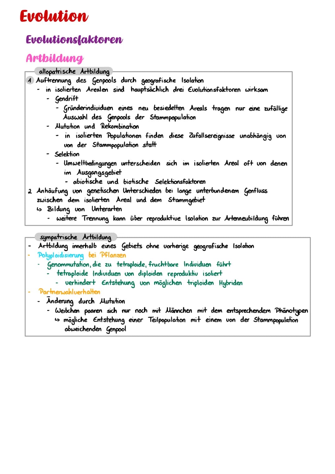 Evolution
Evolutionsfaktoren
Artbildung
allopatrische Artbildung
1 Auftrennung des Genpools durch geografische Isolation
in isolierten Areal