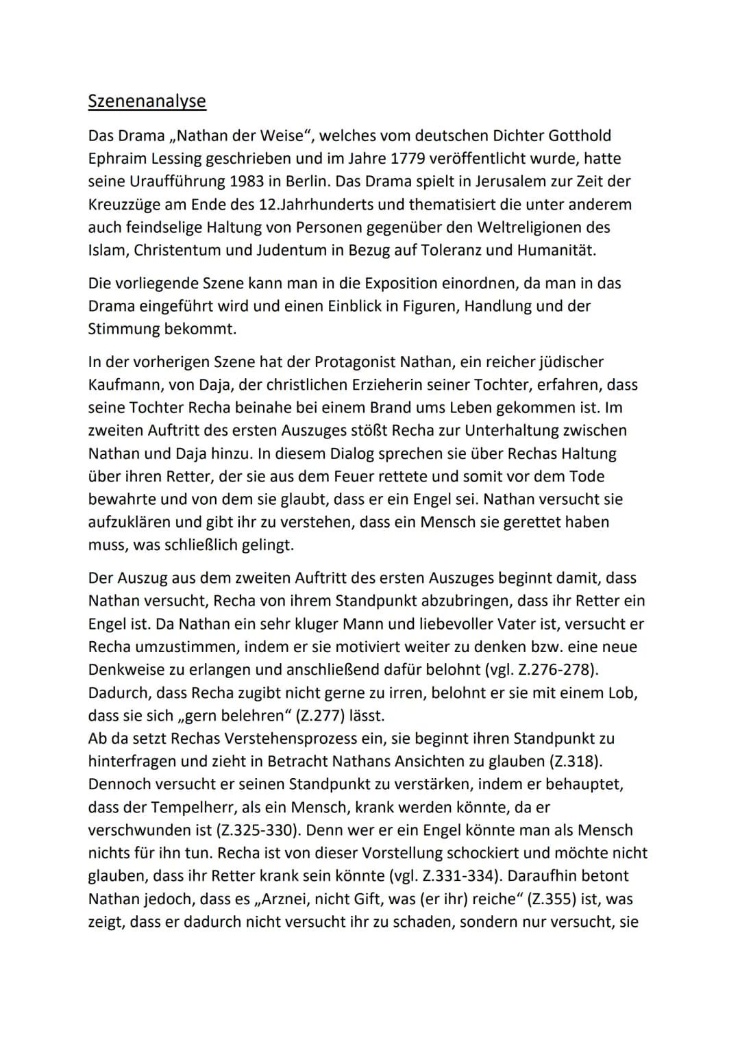 Szenenanalyse
Das Drama,,Nathan der Weise", welches vom deutschen Dichter Gotthold
Ephraim Lessing geschrieben und im Jahre 1779 veröffentli