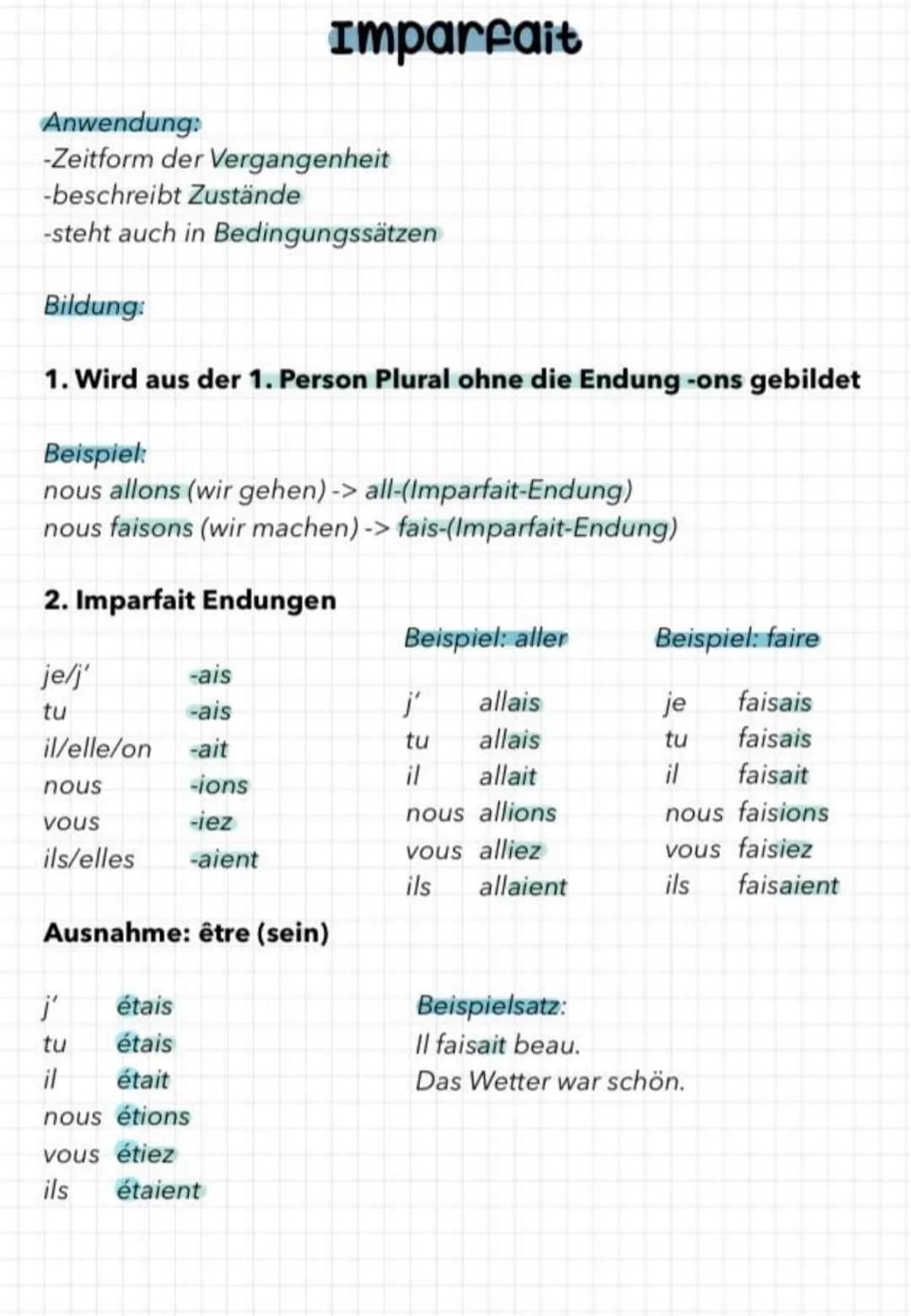 Anwendung:
-Zeitform der Vergangenheit
-beschreibt Zustände
-steht auch in Bedingungssätzen
Bildung:
1. Wird aus der 1. Person plural ohne d