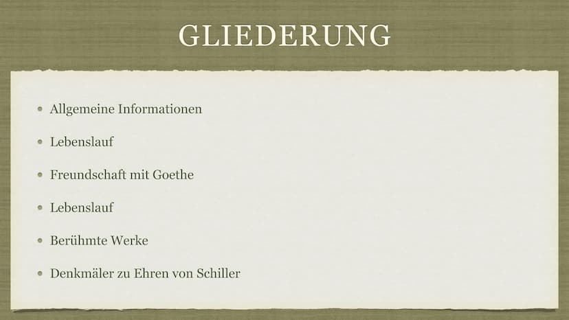 FRIEDRICH SCHILLER ● Allgemeine Informationen
• Lebenslauf
GLIEDERUNG
• Freundschaft mit Goethe
Lebenslauf
Berühmte Werke
• Denkmäler zu Ehr