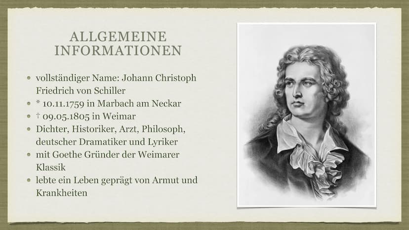 FRIEDRICH SCHILLER ● Allgemeine Informationen
• Lebenslauf
GLIEDERUNG
• Freundschaft mit Goethe
Lebenslauf
Berühmte Werke
• Denkmäler zu Ehr