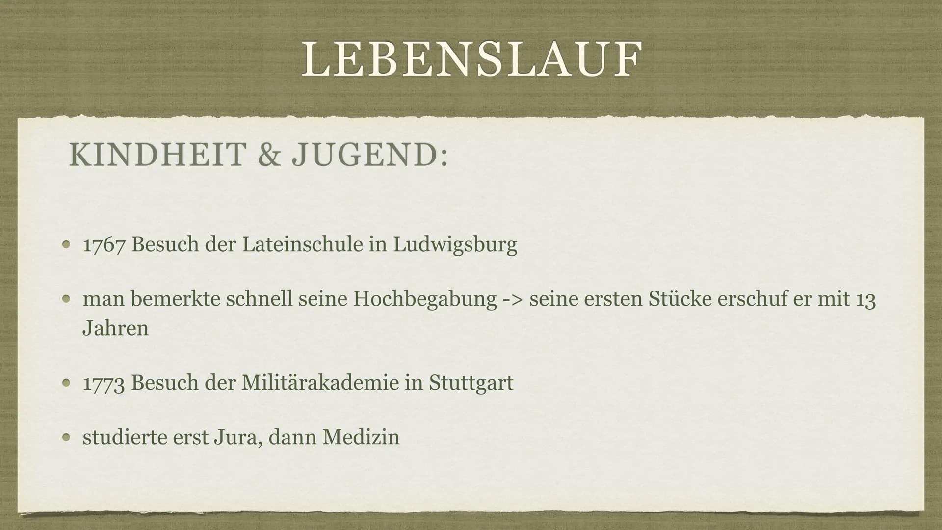 FRIEDRICH SCHILLER ● Allgemeine Informationen
• Lebenslauf
GLIEDERUNG
• Freundschaft mit Goethe
Lebenslauf
Berühmte Werke
• Denkmäler zu Ehr