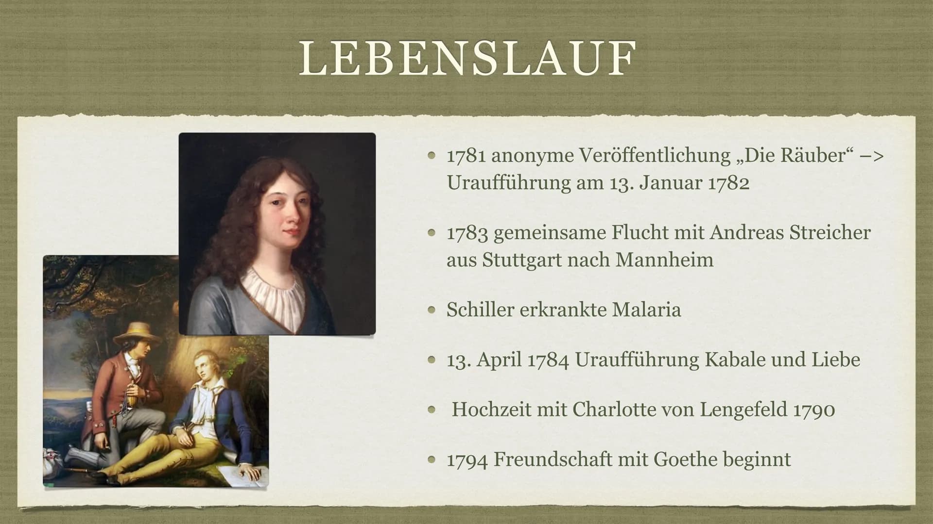 FRIEDRICH SCHILLER ● Allgemeine Informationen
• Lebenslauf
GLIEDERUNG
• Freundschaft mit Goethe
Lebenslauf
Berühmte Werke
• Denkmäler zu Ehr
