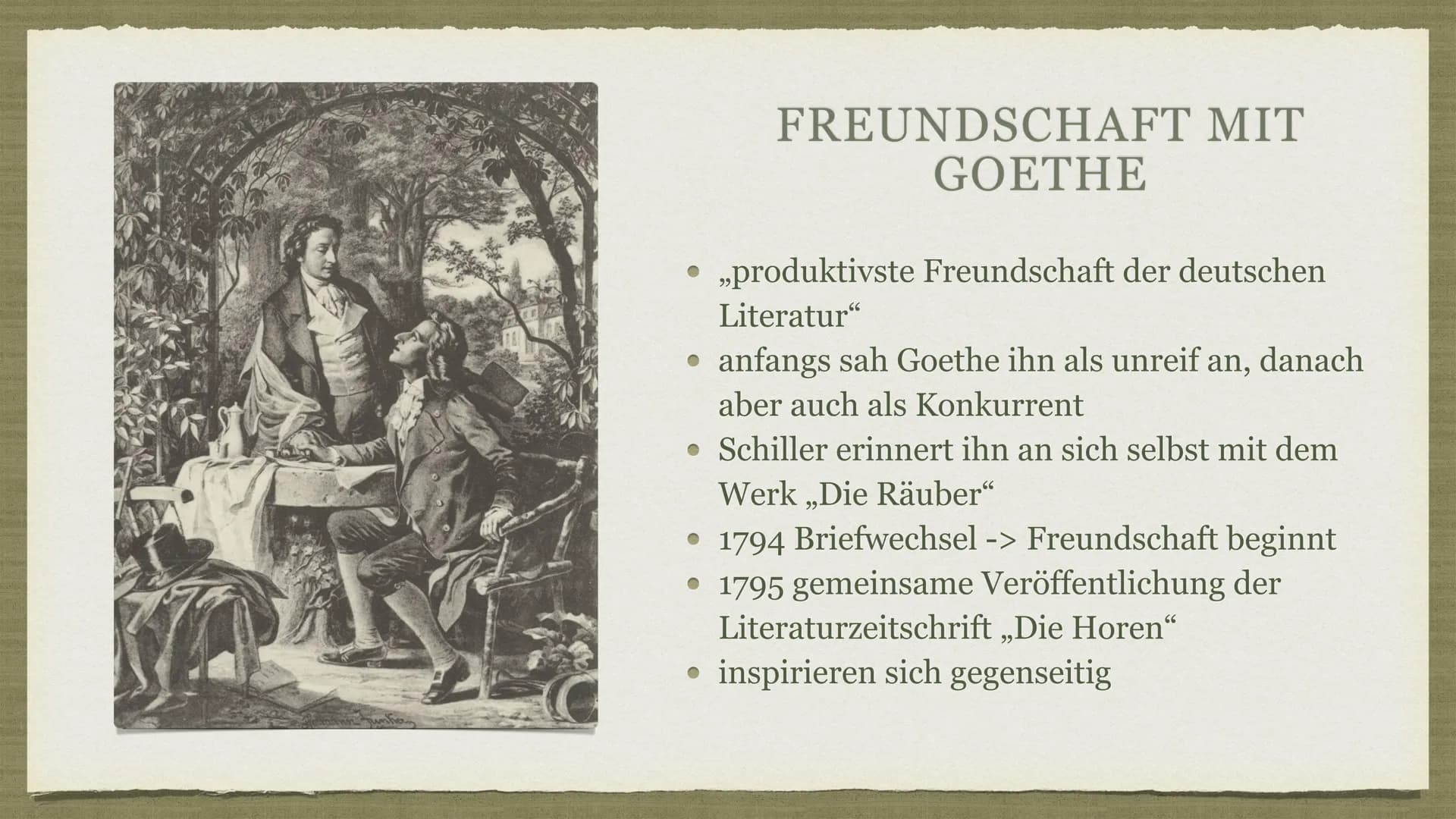 FRIEDRICH SCHILLER ● Allgemeine Informationen
• Lebenslauf
GLIEDERUNG
• Freundschaft mit Goethe
Lebenslauf
Berühmte Werke
• Denkmäler zu Ehr