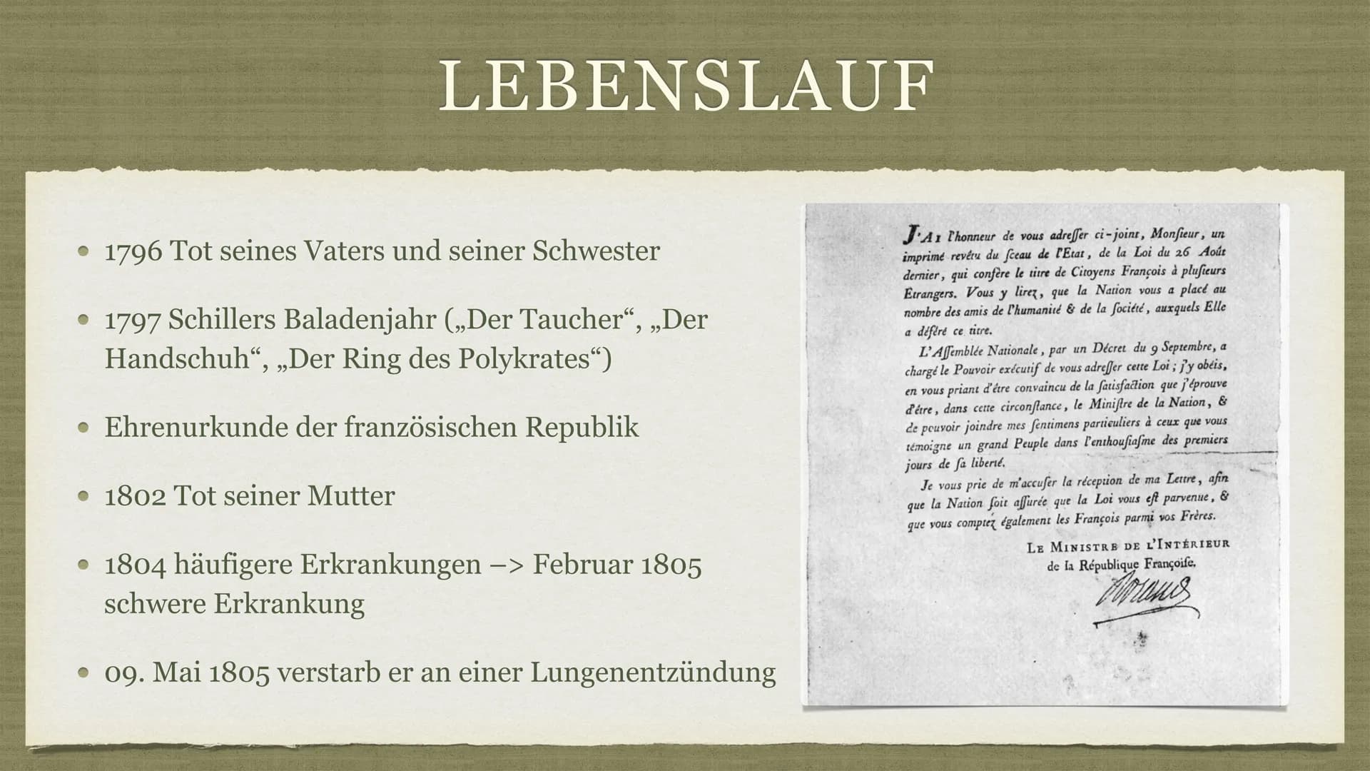FRIEDRICH SCHILLER ● Allgemeine Informationen
• Lebenslauf
GLIEDERUNG
• Freundschaft mit Goethe
Lebenslauf
Berühmte Werke
• Denkmäler zu Ehr