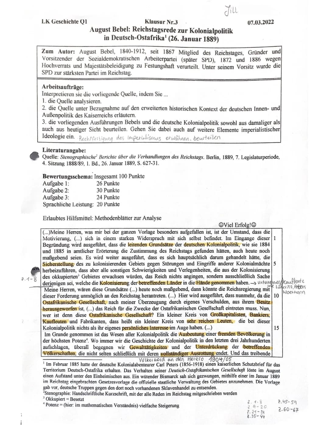 7.1-8
LK Geschichte Q1
Klausur Nr.3
August Bebel: Reichstagsrede zur Kolonialpolitik
in Deutsch-Ostafrika¹ (26. Januar 1889)
Jill
Zum Autor: