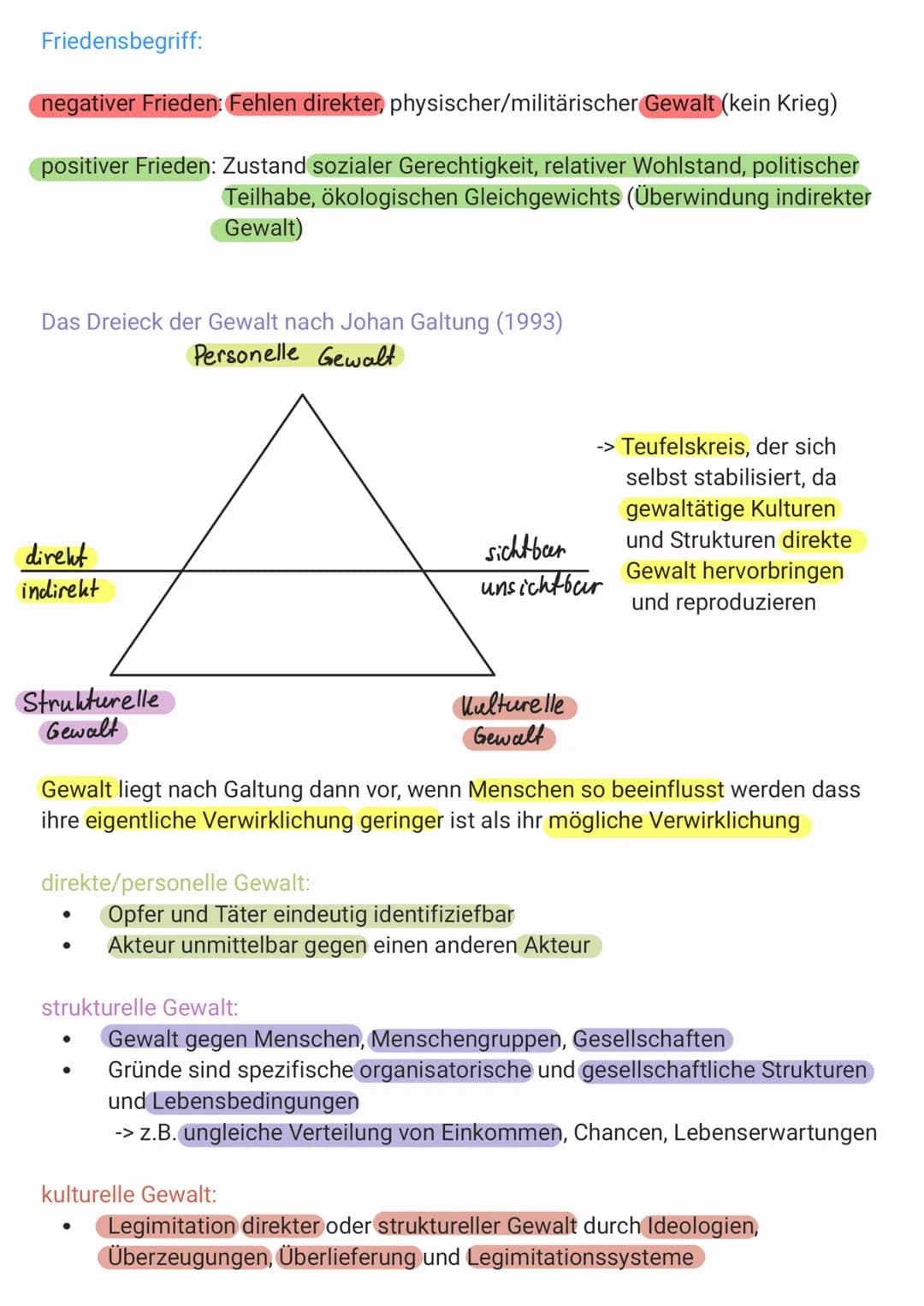 Friedensbegriff:
negativer Frieden: Fehlen direkter,
physischer/militärischer Gewalt (kein Krieg)
positiver Frieden: Zustand sozialer Gerech