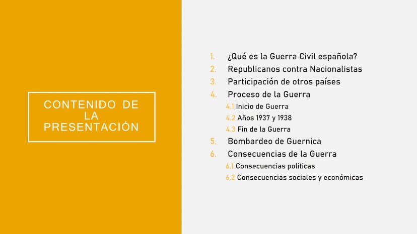 GUERRA CIVIL ESPAÑOLA
1936-1939 CONTENIDO DE
LA
PRESENTACIÓN
1.
2.
3.
4.
5.
6.
¿Qué es la Guerra Civil española?
Republicanos contra Naciona