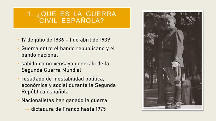GUERRA CIVIL ESPAÑOLA
1936-1939 CONTENIDO DE
LA
PRESENTACIÓN
1.
2.
3.
4.
5.
6.
¿Qué es la Guerra Civil española?
Republicanos contra Naciona