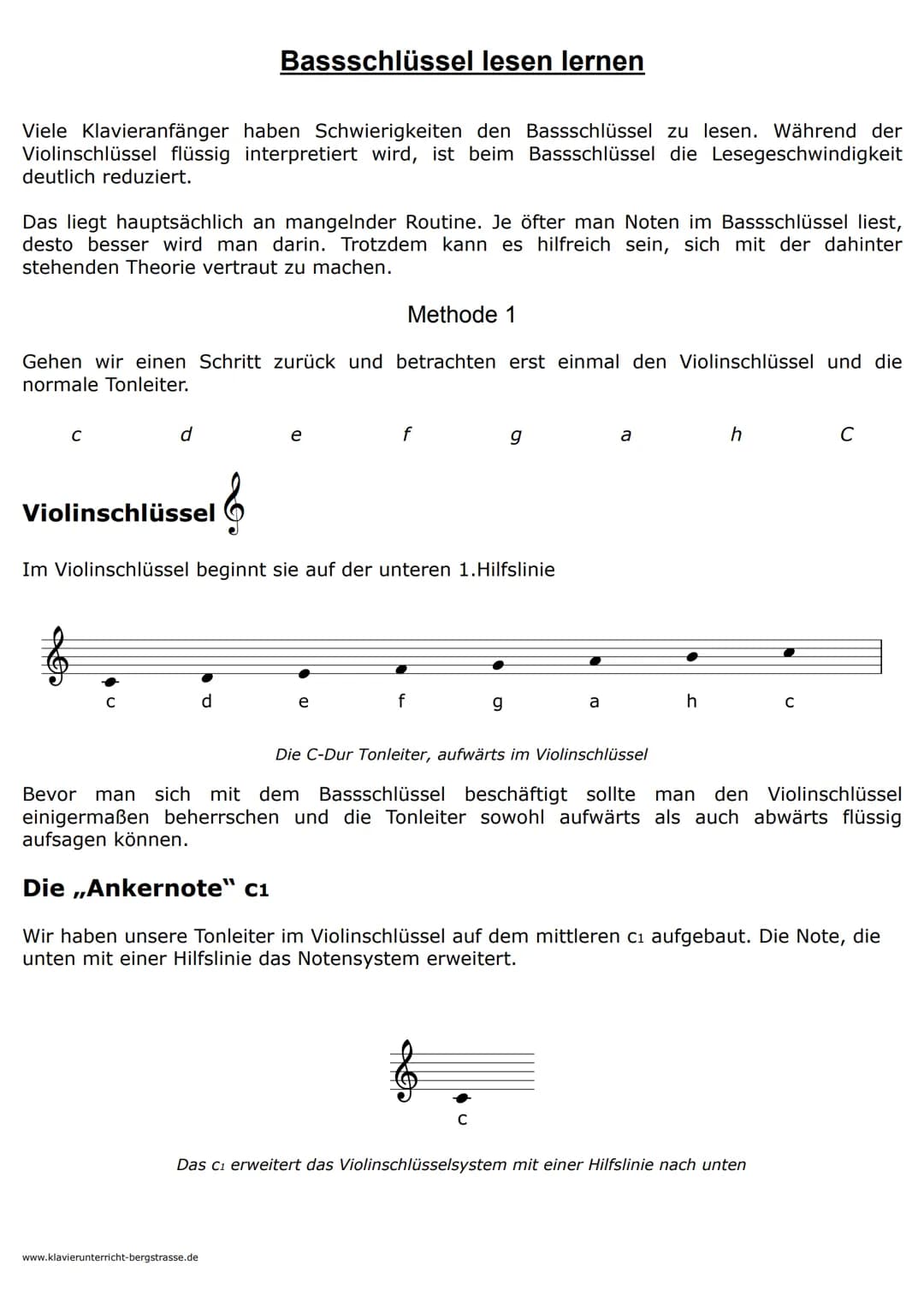 Viele Klavieranfänger haben Schwierigkeiten den Bassschlüssel zu lesen. Während der
Violinschlüssel flüssig interpretiert wird, ist beim Bas