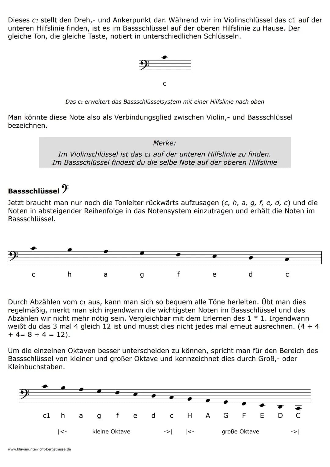 Viele Klavieranfänger haben Schwierigkeiten den Bassschlüssel zu lesen. Während der
Violinschlüssel flüssig interpretiert wird, ist beim Bas