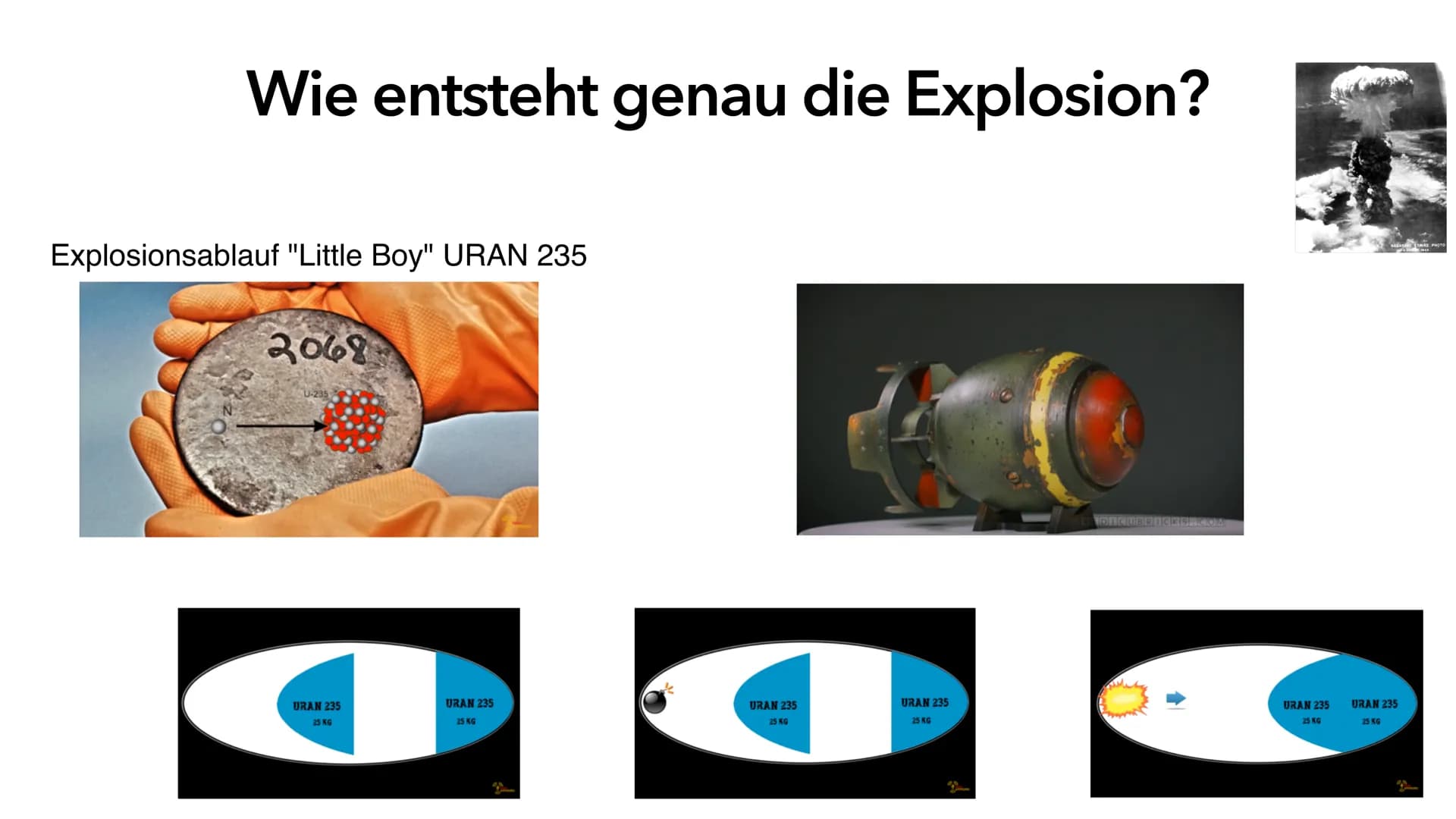 Atombomben Gliederung
• Allgemeine Information über Kernwaffen
●
●
• Entwicklung
• Wirkung einer Atombombe
• Aufbau einer Atombombe
●
• Hiro