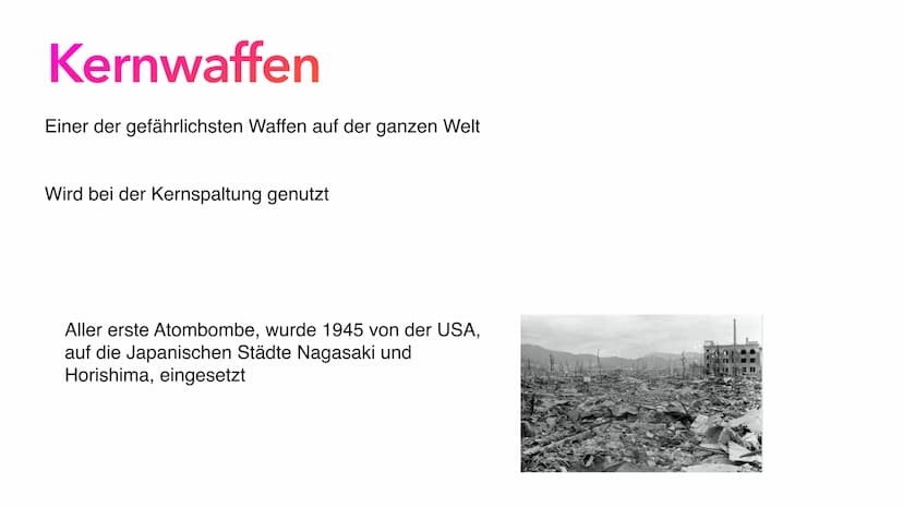 Atombomben Gliederung
• Allgemeine Information über Kernwaffen
●
●
• Entwicklung
• Wirkung einer Atombombe
• Aufbau einer Atombombe
●
• Hiro