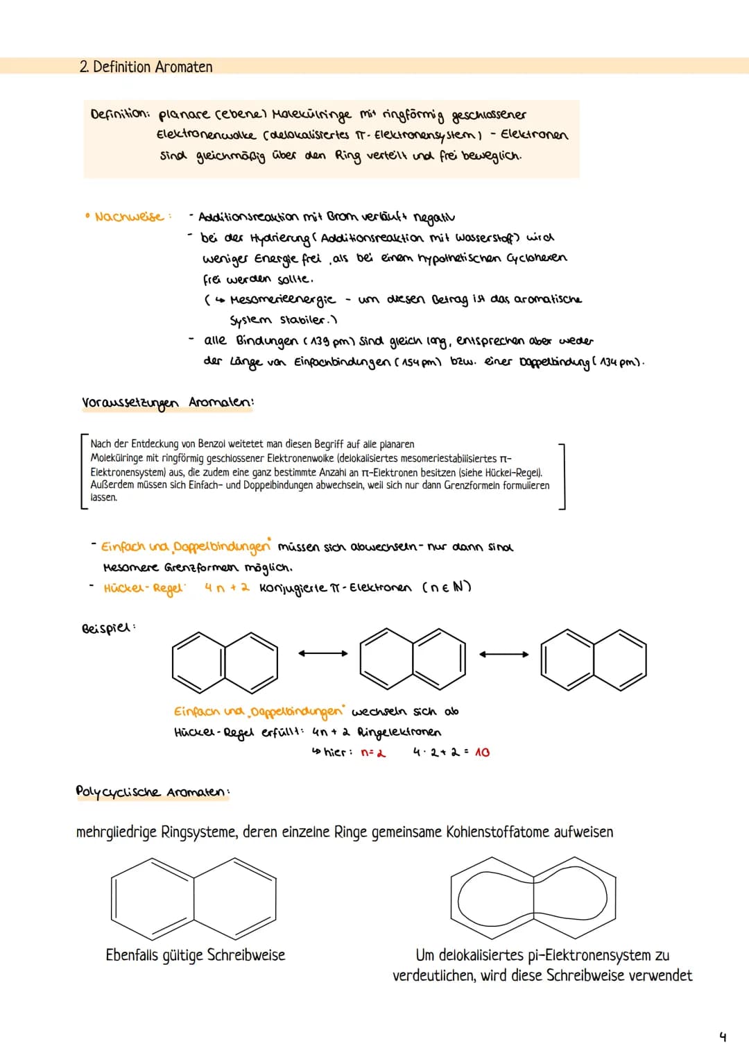Aromaten
Definition: Ein Aromal ist eine ungesättigte organische Verbindung, die dadurch, dass
Elektronen delokalisiert sind, stabiler ist, 