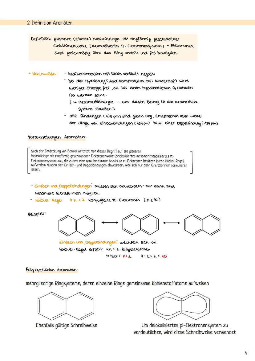 Aromaten
Definition: Ein Aromal ist eine ungesättigte organische Verbindung, die dadurch, dass
Elektronen delokalisiert sind, stabiler ist, 