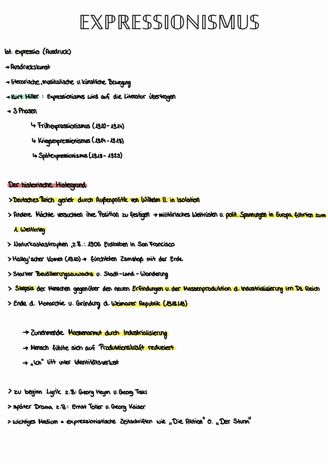 Lyrik des Expressionismus
Epoche und ihre Zeit:
Definition ,,Expressionismus":
Die Bezeichnung „Expressionismus" leitet sich vom lateinische
