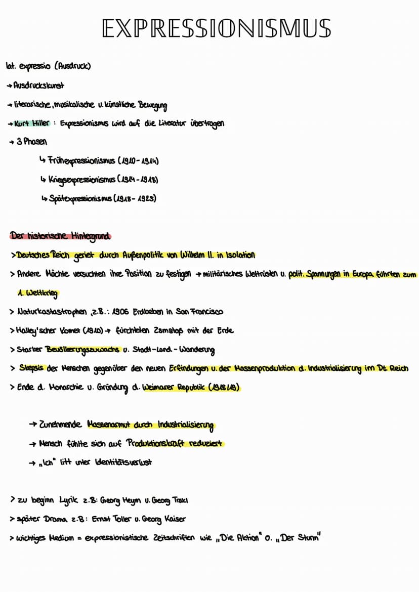 Lyrik des Expressionismus
Epoche und ihre Zeit:
Definition ,,Expressionismus":
Die Bezeichnung „Expressionismus" leitet sich vom lateinische