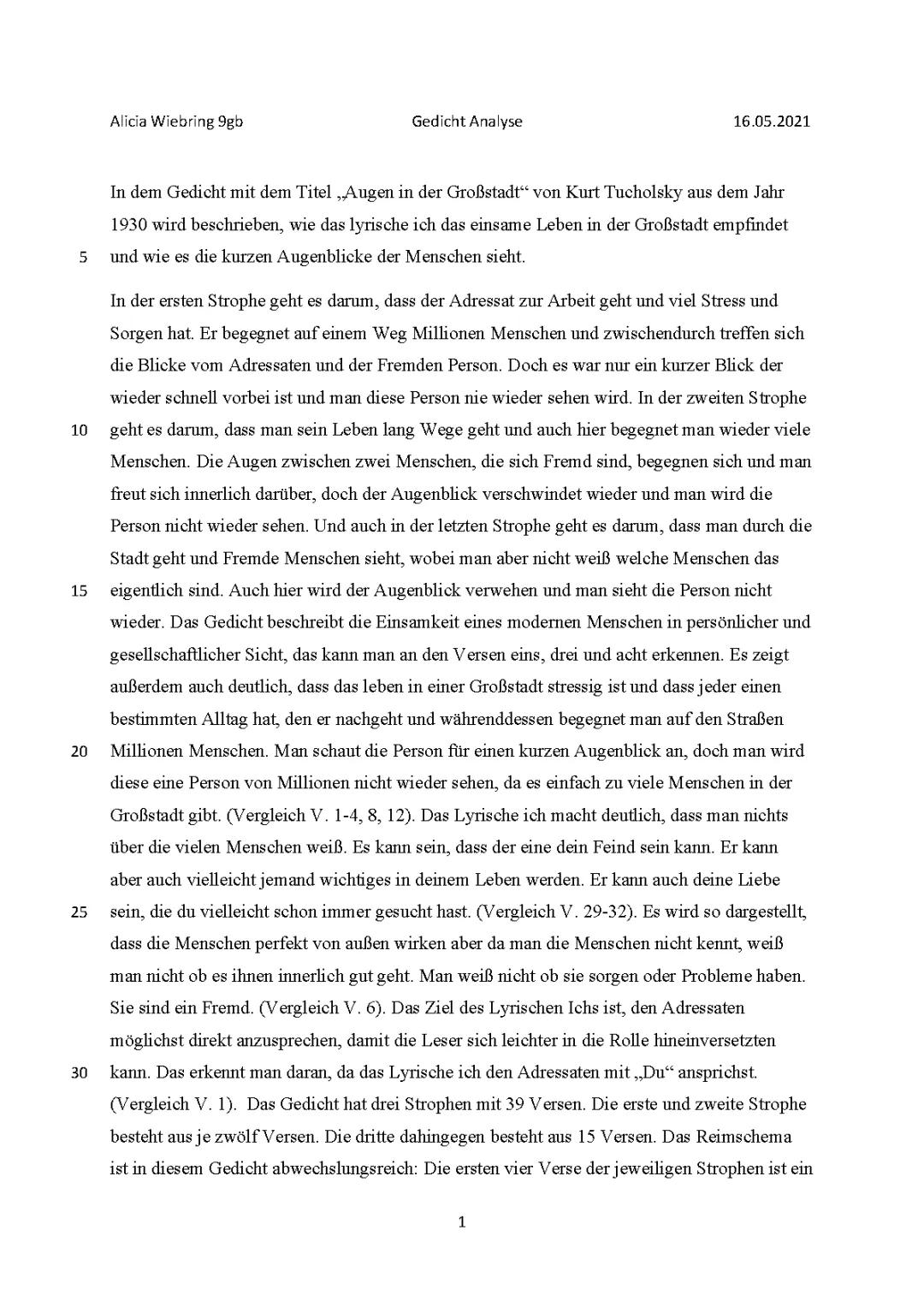 Augen in der Großstadt Gedicht Analyse PDF für Klasse 8 – sprachliche Mittel, Metaphern und Epoche