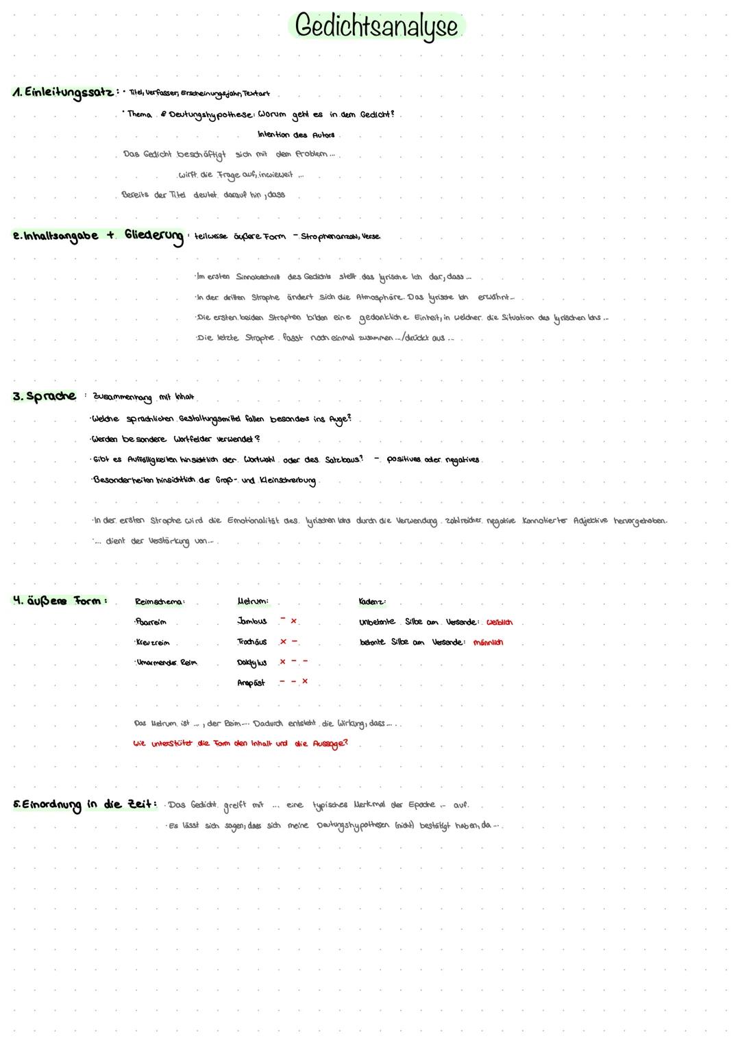 # Gedichtsanalyse

1. Einleitungssatz: Titel, verfasser, Erscheinungsjahn, Textart

*   Thema Deutungshypothese Worum geht es in dem Gedicht