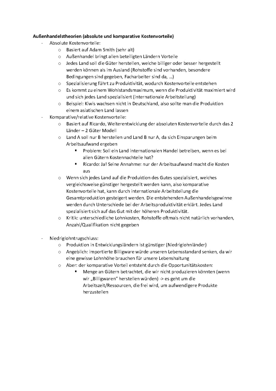 Außenhandelstheorien (absolute und komparative Kostenvorteile)