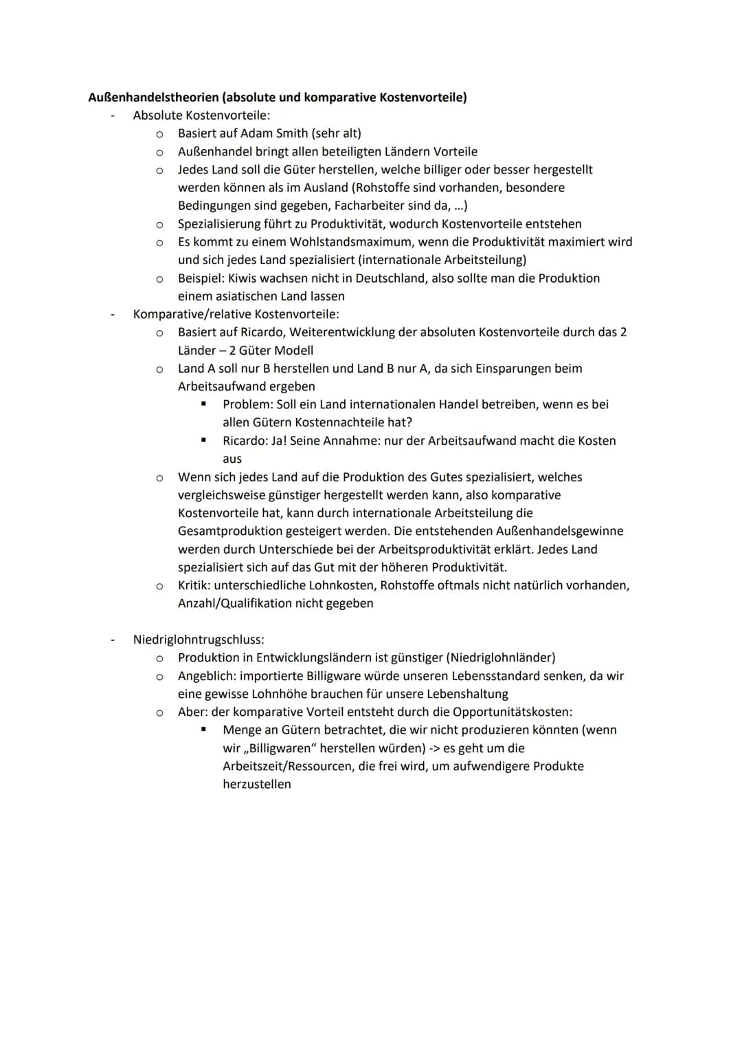 Außenhandelstheorien (absolute und komparative Kostenvorteile)
Absolute Kostenvorteile:
O Basiert auf Adam Smith (sehr alt)
Außenhandel brin