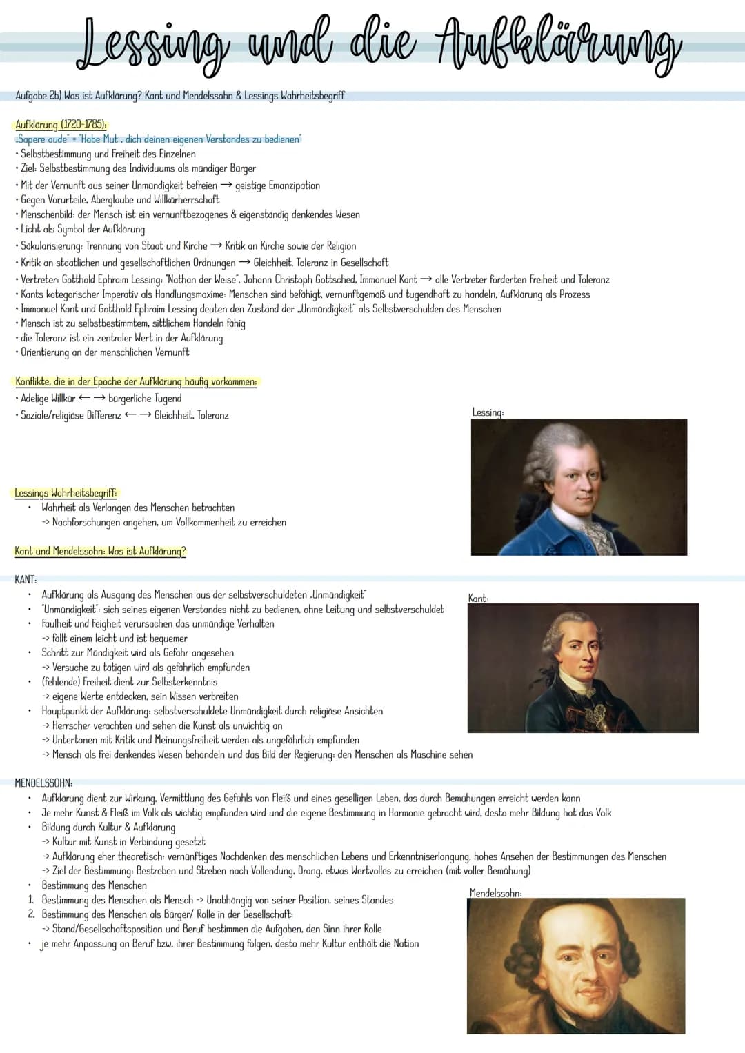 Lessing und die Aufklärung
Aufgabe 2b) Was ist Aufklärung? Kant und Mendelssohn & Lessings Wahrheitsbegriff
Aufklärung (1720-1785):
Sapere a