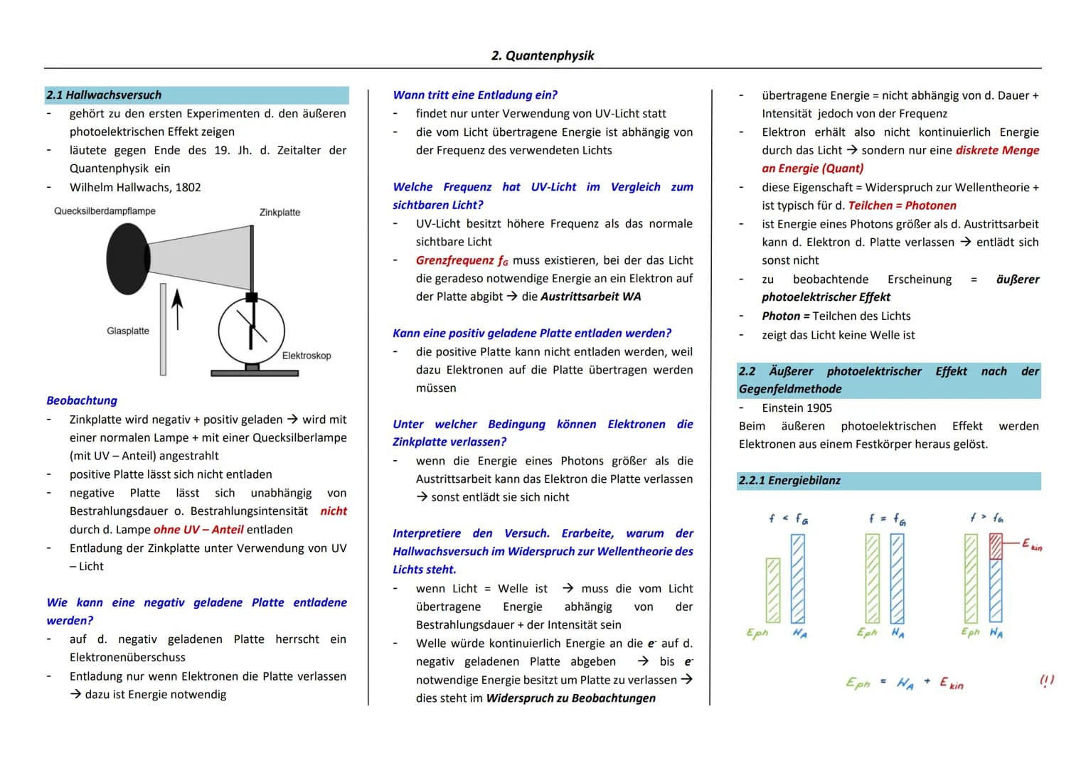 2.1 Hallwachsversuch
gehört zu den ersten Experimenten d. den äußeren
photoelektrischen Effekt zeigen
läutete gegen Ende des 19. Jh. d. Zeit