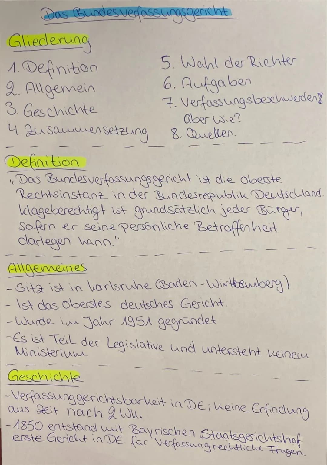 Das Bundesverfassungsgericht
Gliederung
1. Definition
2. Allgemein
3. Geschichte
4. Zusammensetzung
5. Wahl der Richter
6. Aufgaben
7. Verfa