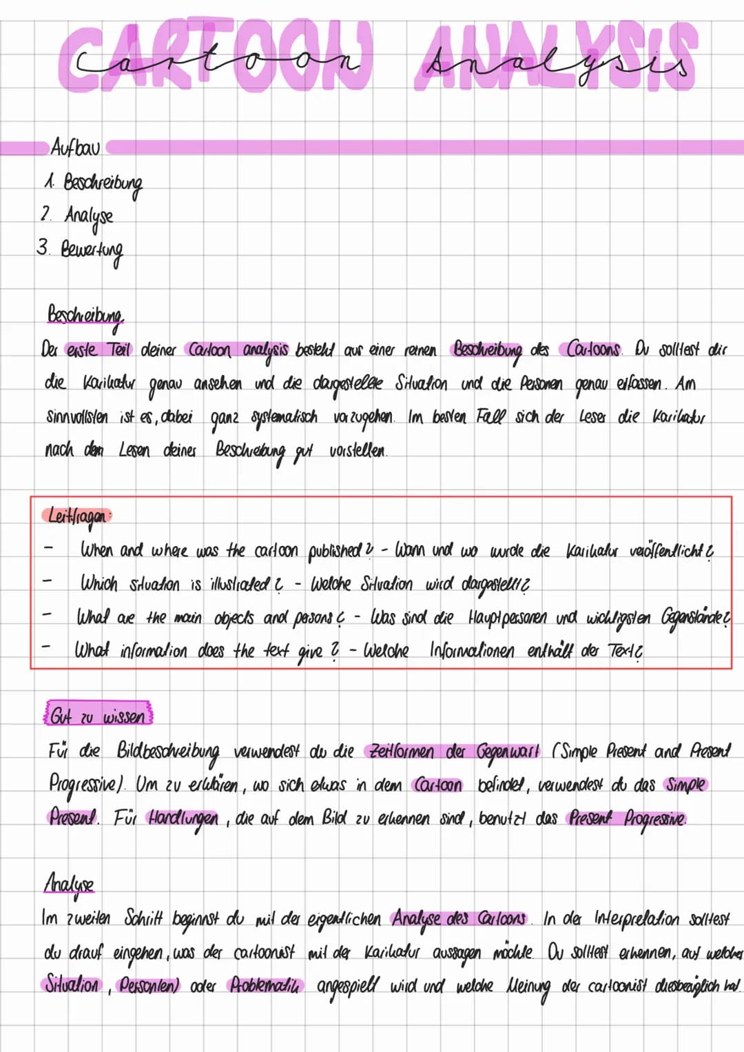 Aufbau
A Beschreibung
2. Analyse
3. Bewertung
Cartoon Analysts
Beschreibung
Der erste Teil deiner Cartoon analysis besteht aus einer reinen 