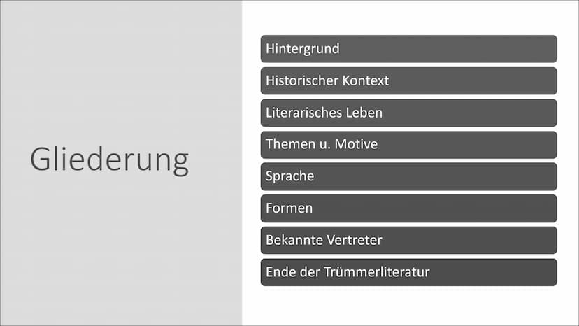 S
Trümmerliteratur
Hannah Schmitt, DEGK02 MAY, 07.12.2021 Gliederung
Hintergrund
Historischer Kontext
Literarisches Leben
Themen u. Motive
S