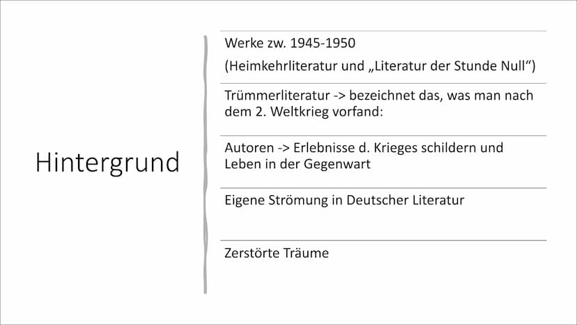 S
Trümmerliteratur
Hannah Schmitt, DEGK02 MAY, 07.12.2021 Gliederung
Hintergrund
Historischer Kontext
Literarisches Leben
Themen u. Motive
S