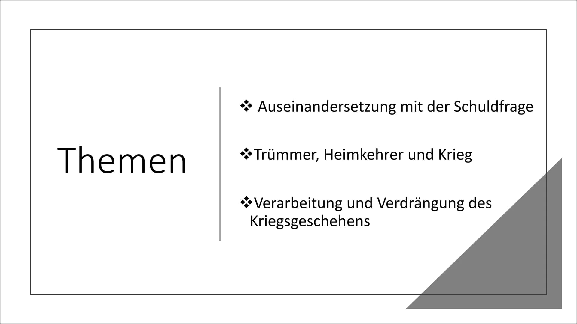 S
Trümmerliteratur
Hannah Schmitt, DEGK02 MAY, 07.12.2021 Gliederung
Hintergrund
Historischer Kontext
Literarisches Leben
Themen u. Motive
S