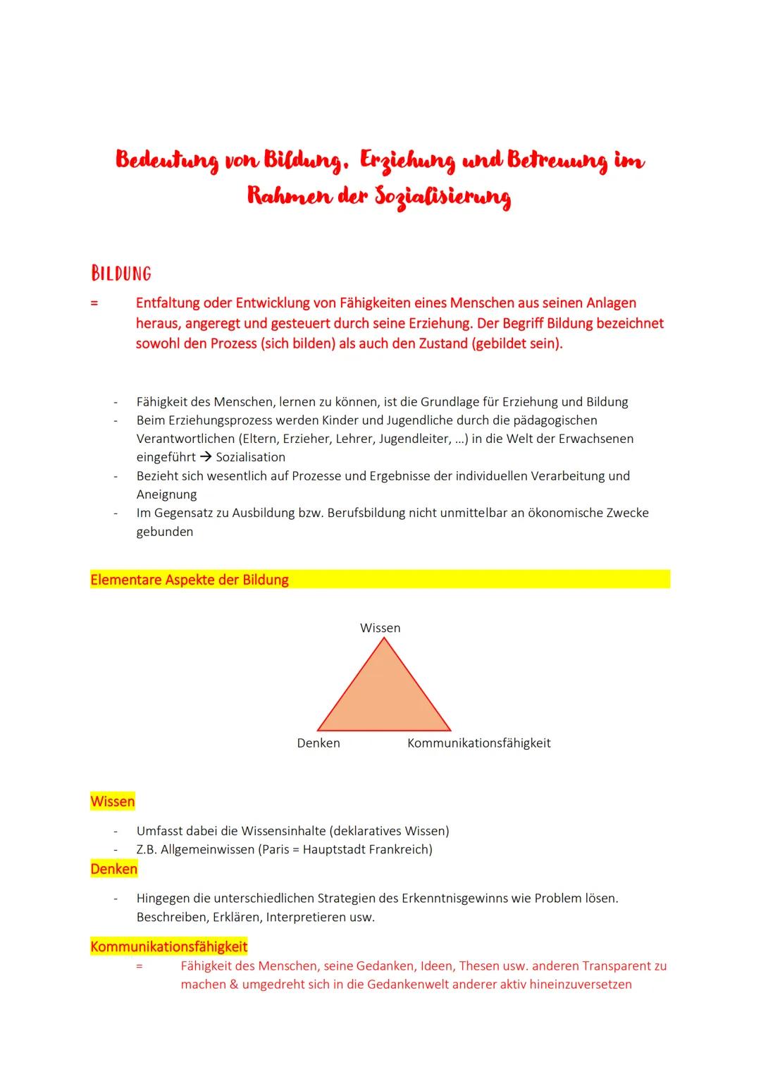 Inhalt
Bedeutung von Bildung, Erziehung und Betreuung im Rahmen der Sozialisierung.
Bildung.......
Elementare Aspekte der Bildung
Frühe Bild