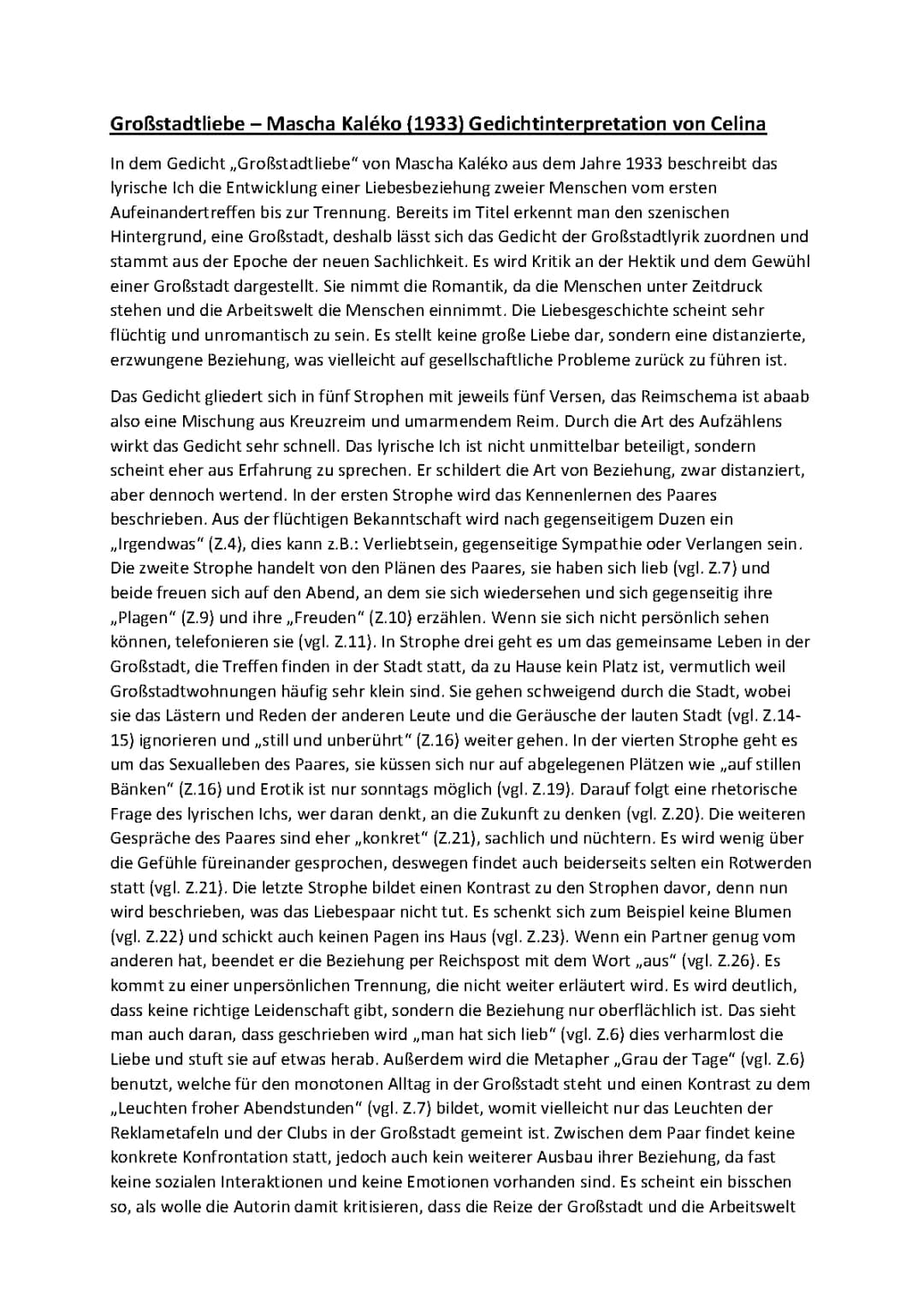 Großstadtliebe von Mascha Kaléko: Gedichtinterpretation und Analyse