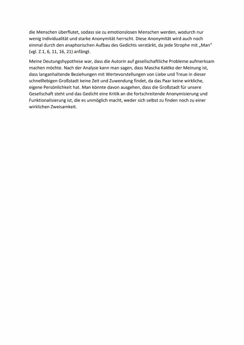 Großstadtliebe - Mascha Kaléko (1933) Gedichtinterpretation von Celina
In dem Gedicht ,,Großstadtliebe" von Mascha Kaléko aus dem Jahre 1933