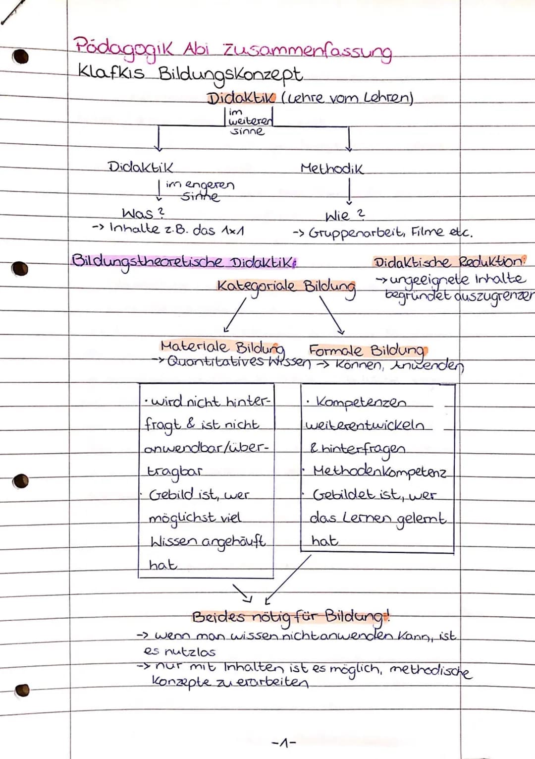 Pódagogik Abi Zusammenfassung.
Klafkis Bildungskonzept.
Didaktik (Lehre vom Lehren).
im
weiteren
Sinne
Didaktik
↓
im engeren
Sinhe
Was ?
-> 