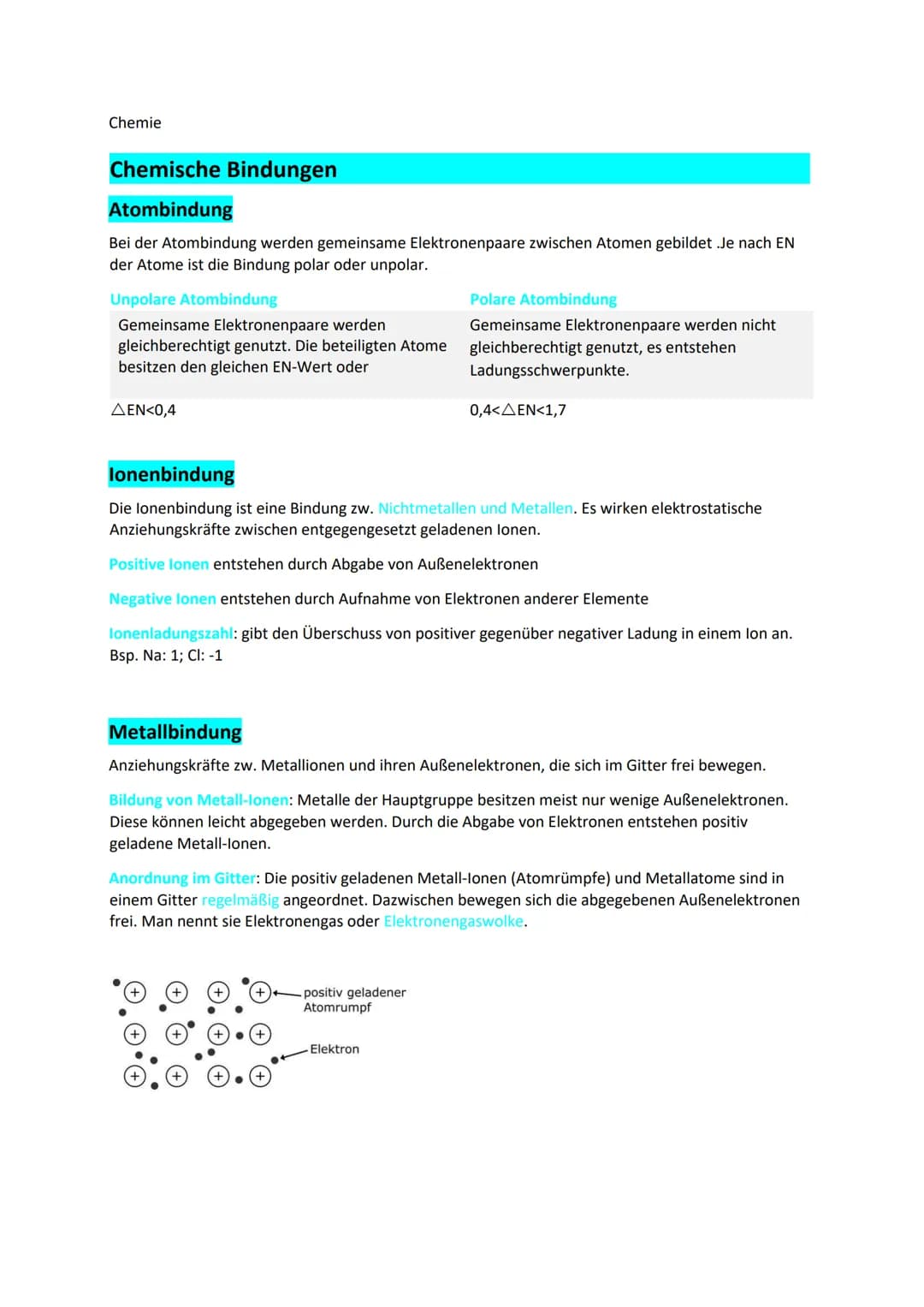 Chemie
Chemische Bindungen
Atombindung
Bei der Atombindung werden gemeinsame Elektronenpaare zwischen Atomen gebildet .Je nach EN
der Atome 