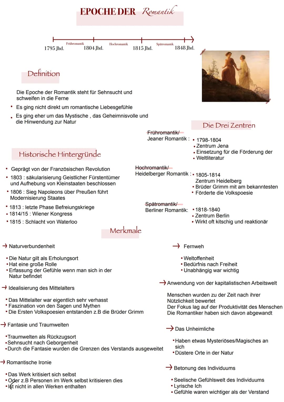 ●
●
.
1795 Jhd.
Definition
EPOCHE DER Romantik
Frühromantik
1804 Jhd.
Die Epoche der Romantik steht für Sehnsucht und
schweifen in die Ferne