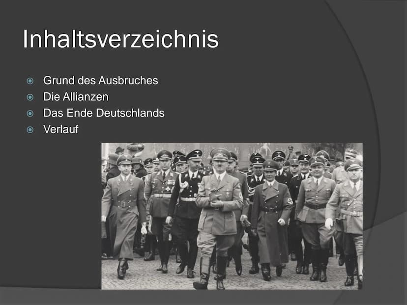 ,,Der Untergang Hitlers"
2. WELTKRIEG (1939-1945)
4 Inhaltsverzeichnis
Grund des Ausbruches
Die Allianzen
Das Ende Deutschlands
Verlauf Verl
