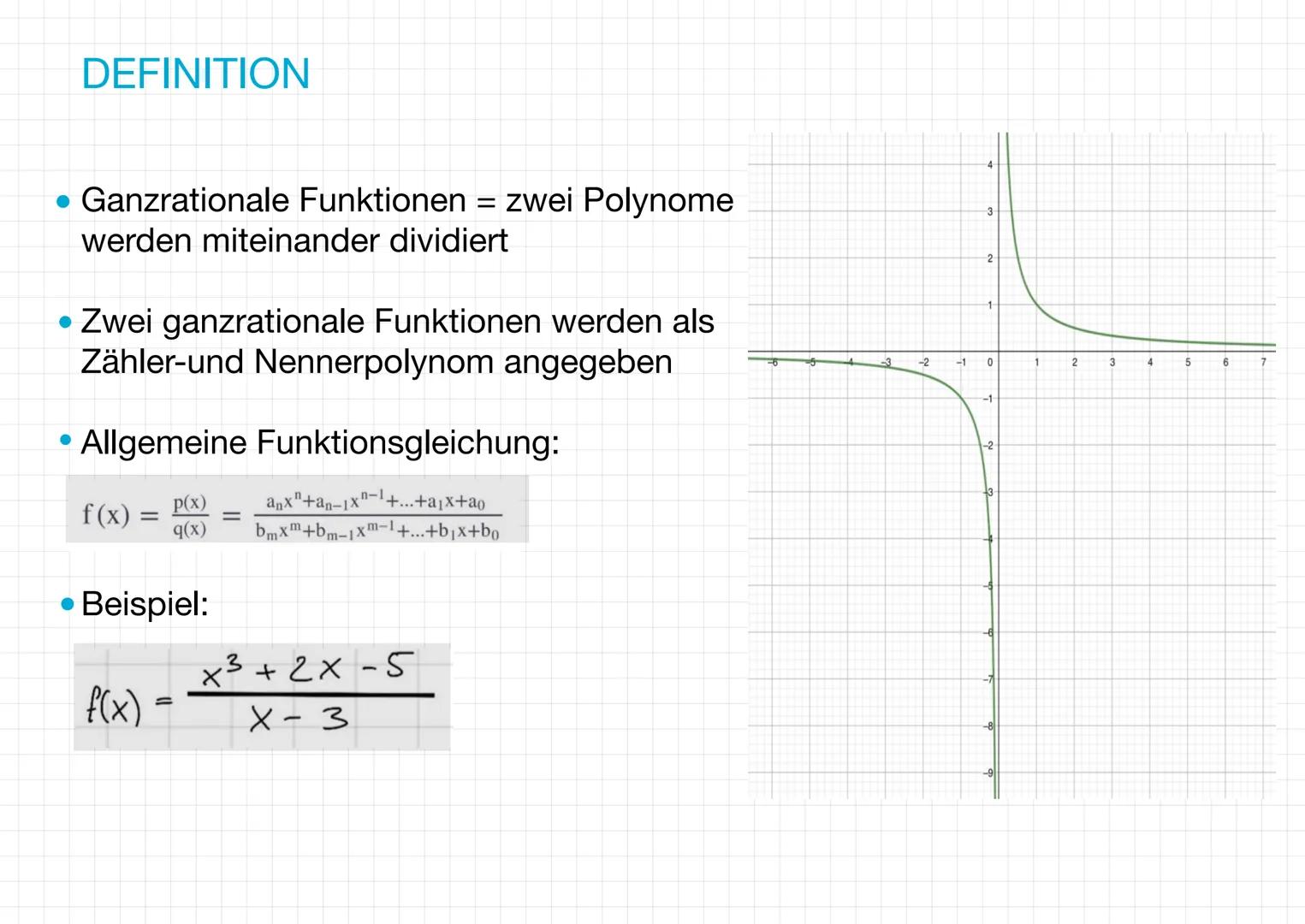 GEBROCHENRATIONALE
FUNKTIONEN DEFINITION
• Ganzrationale Funktionen = zwei Polynome
werden miteinander dividiert
• Zwei ganzrationale Funkti