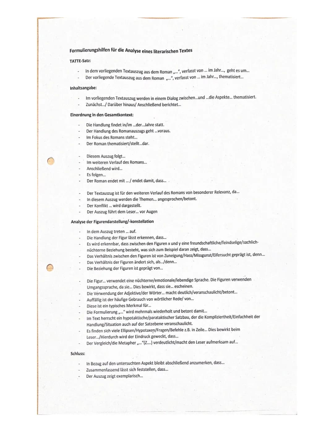 Formulierungshilfen für die Analyse eines literarischen Textes
TATTE-Satz:
In dem vorliegenden Textauszug aus dem Roman...", verfasst von ..